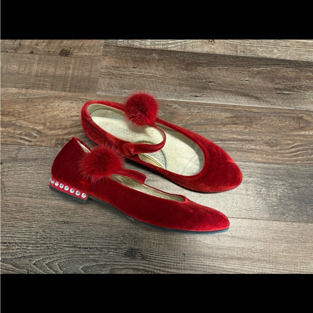 MONNALISA Red Velvet Maryjane Ballet Flats Shoes Fur Rhinestones 36 4 Italy